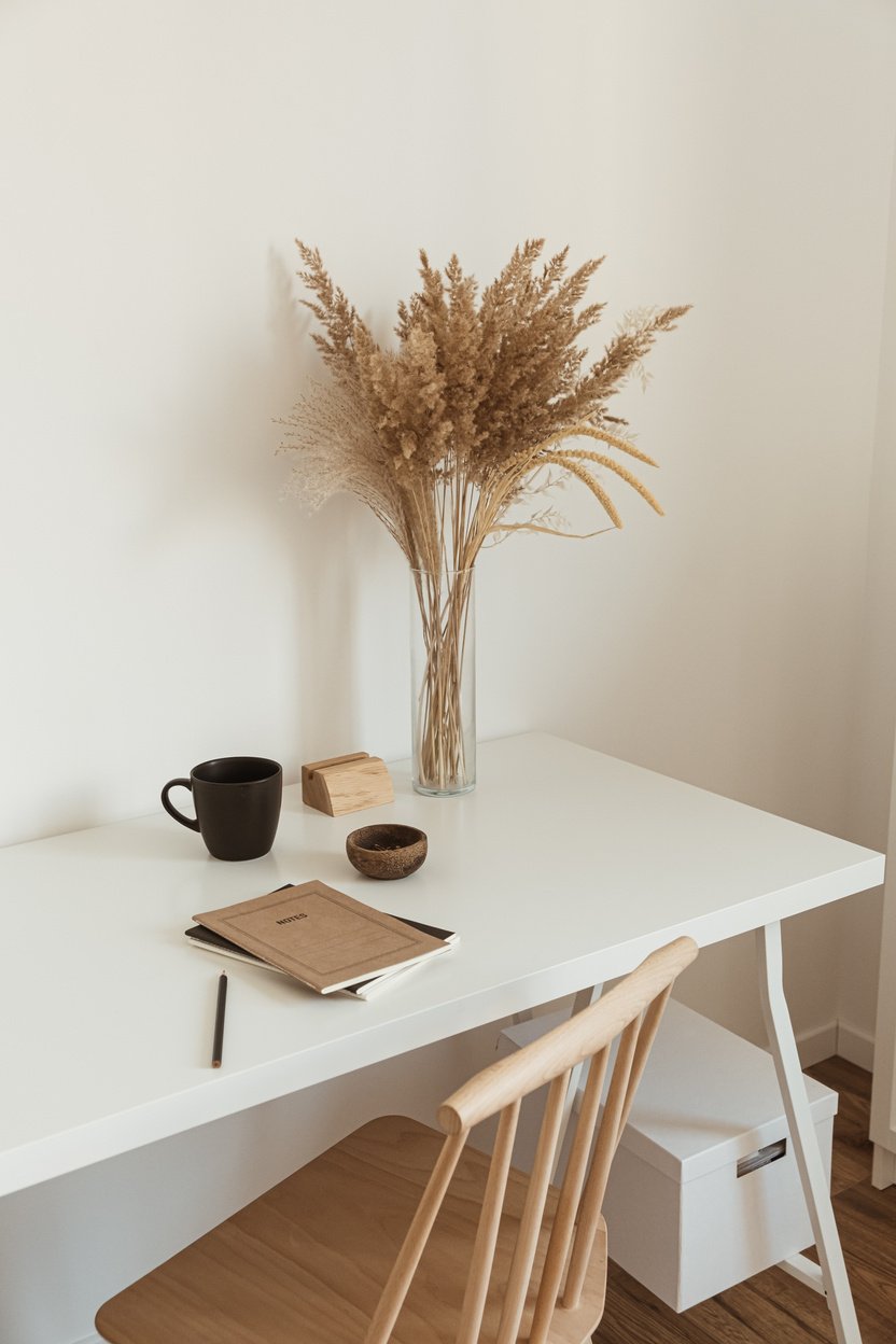 Notebooks, Pen, Cup and Vase with Dried Flowers on Table