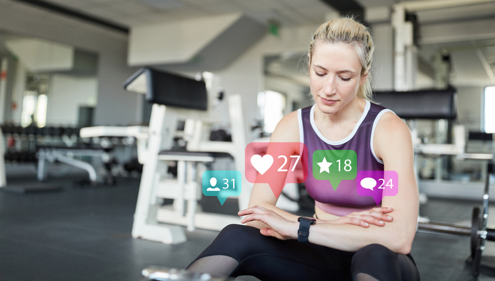 Social Media Influencer with Smartwatch in the Fitness Center